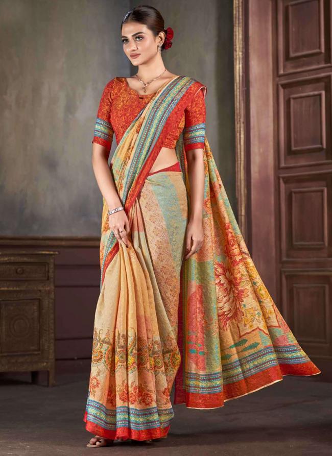 Natural Silk Orange Casual Wear Printed Saree